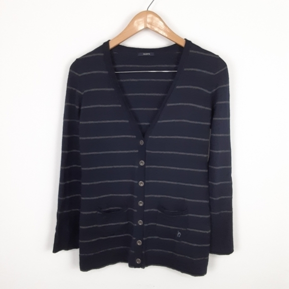 Hazzys Made In Korea Wool Blend Stripe Cardigan In White/Navy Combo Size Small - Picture 9 of 10